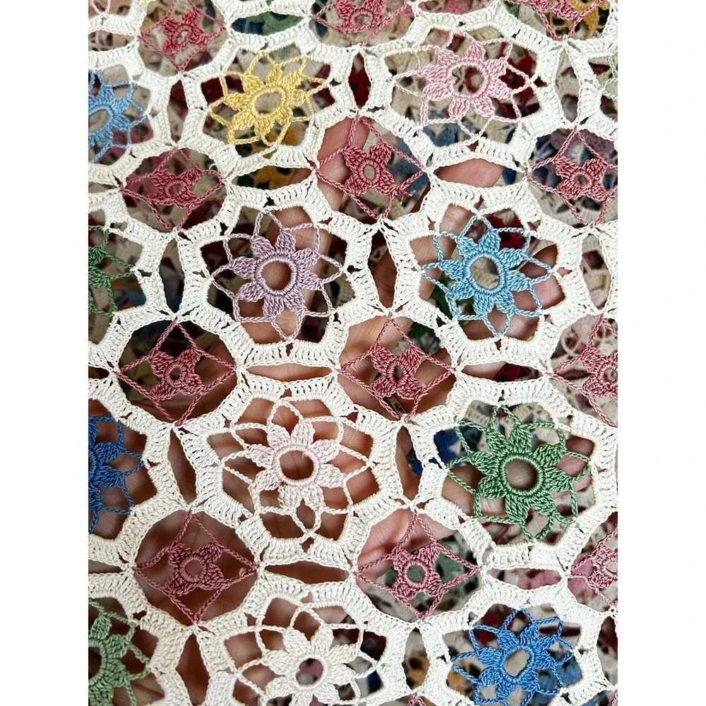 VTG Hand Crocheted Floral Heirloom Tablecloth Colorful & Ecru 60x60
